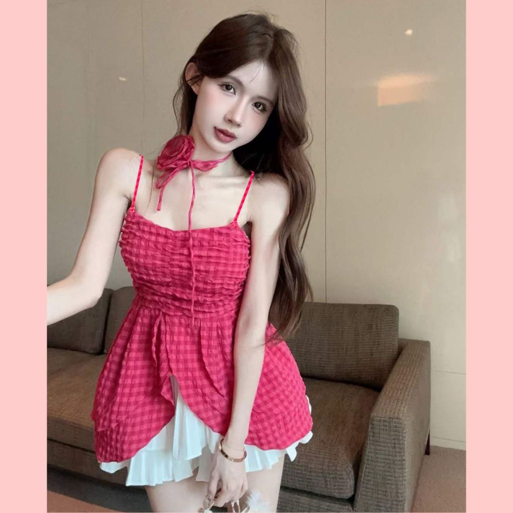Áo hai dây nữ xòe 2 tầng có hoa cài cổ ROSE KEHOG504 Sicily