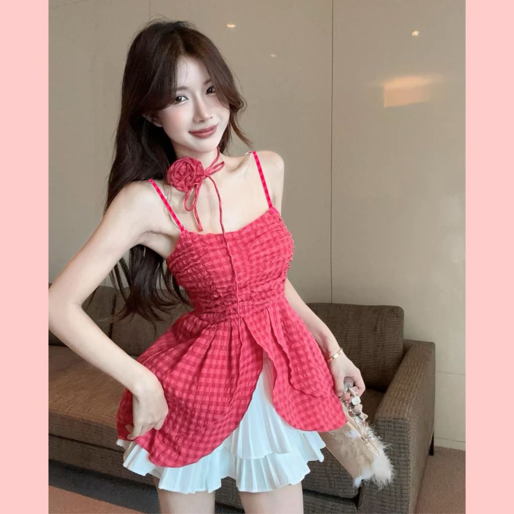 Áo hai dây nữ xòe 2 tầng có hoa cài cổ ROSE KEHOG504 Sicily