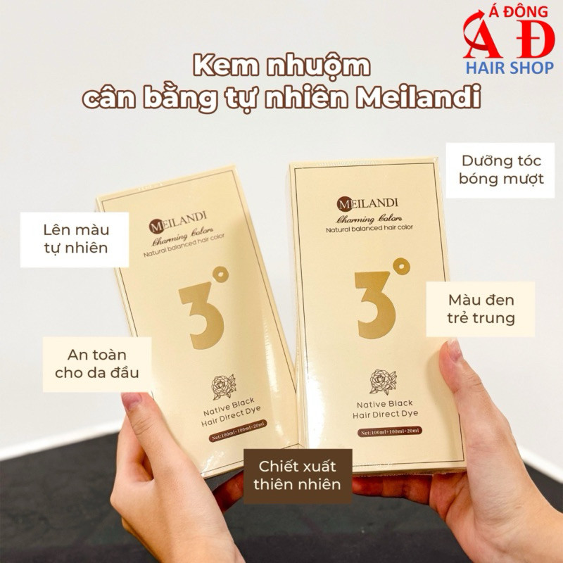 Thuốc nhuộm phủ bạc tóc MÀU ĐEN Meilandi Số 3 bóng mượt an toàn da đầu Hộp 100ml*2