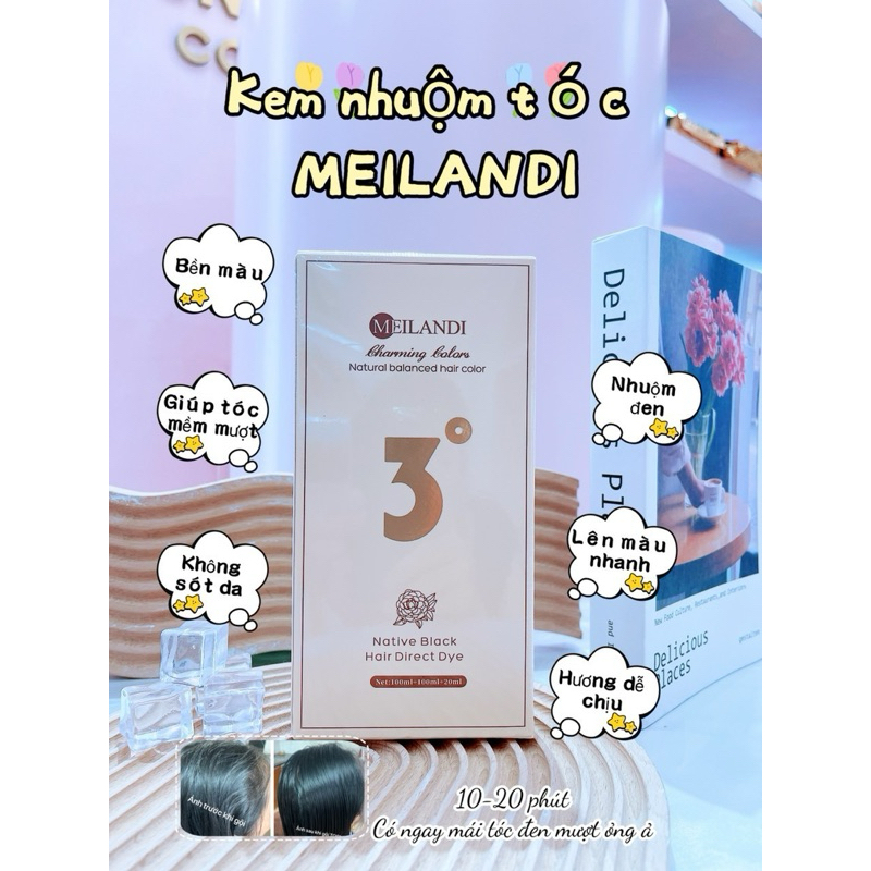 Thuốc nhuộm phủ bạc tóc MÀU ĐEN Meilandi Số 3 bóng mượt an toàn da đầu Hộp 100ml*2