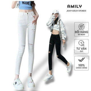 Quần Jean Nữ Lưng Cao Skinny AMILY màu đen chất bò màu trắng co giãn có BIGSIZE