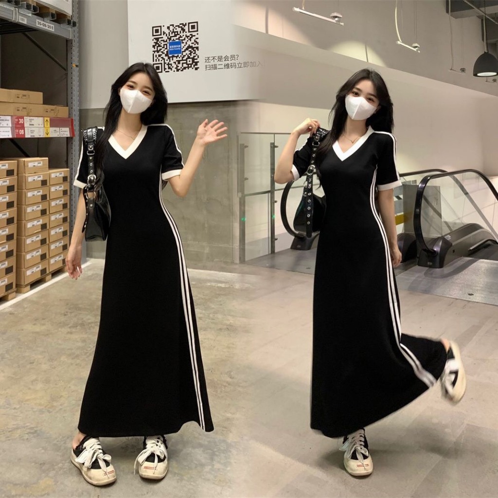 Đầm váy maxi nữ mùa hè cộc tay dáng dài phối kẻ sọc viền trắng retro Hàn Quốc hàng Quảng Châu SP149