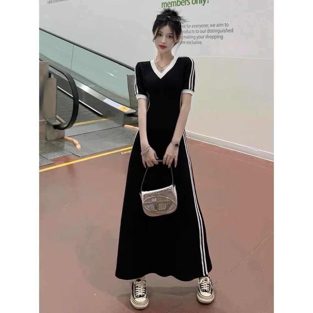Đầm váy maxi nữ mùa hè cộc tay dáng dài phối kẻ sọc viền trắng retro Hàn Quốc hàng Quảng Châu SP149
