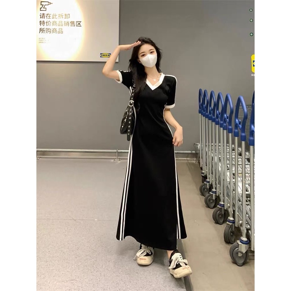 Đầm váy maxi nữ mùa hè cộc tay dáng dài phối kẻ sọc viền trắng retro Hàn Quốc hàng Quảng Châu SP149