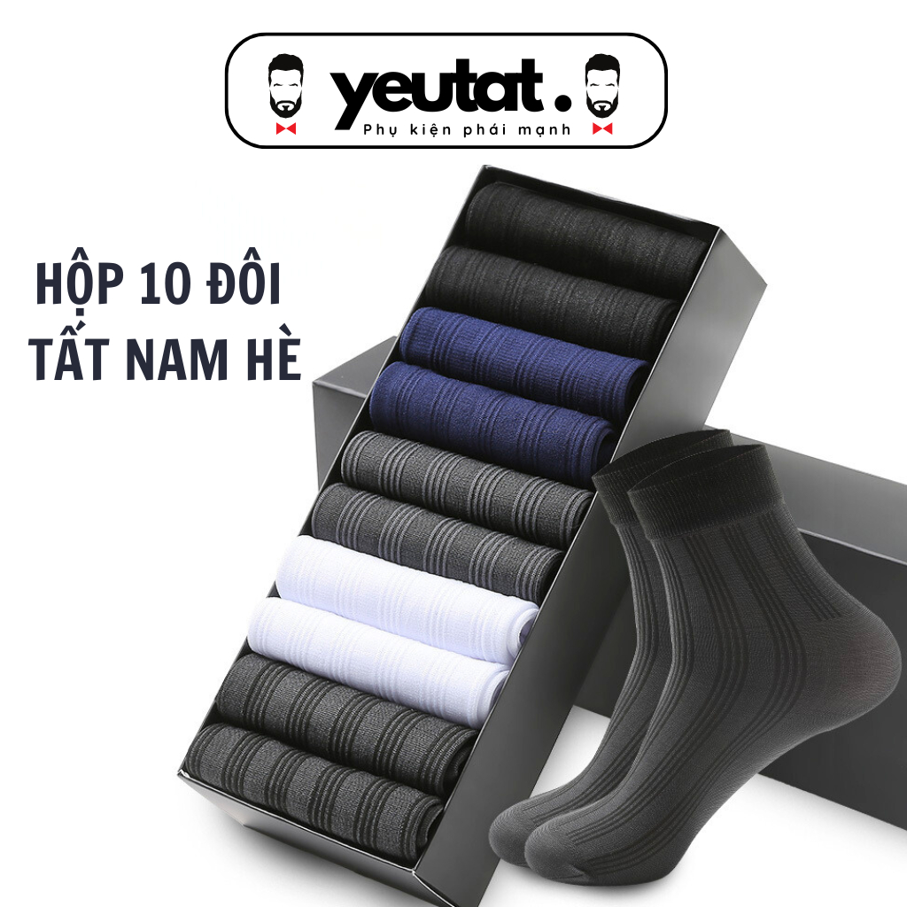 Tất Nam Cổ Cao Mỏng Mùa Hè Thoáng Khí Chống Hôi Chân Set 10 Đôi Có Hộp