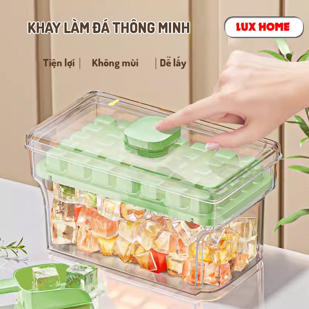 Hộp khay làm đá thông minh nhấn nút lấy đá dễ dàng, Khay đá 56 viên 2 tầng tiện lợi thông minh