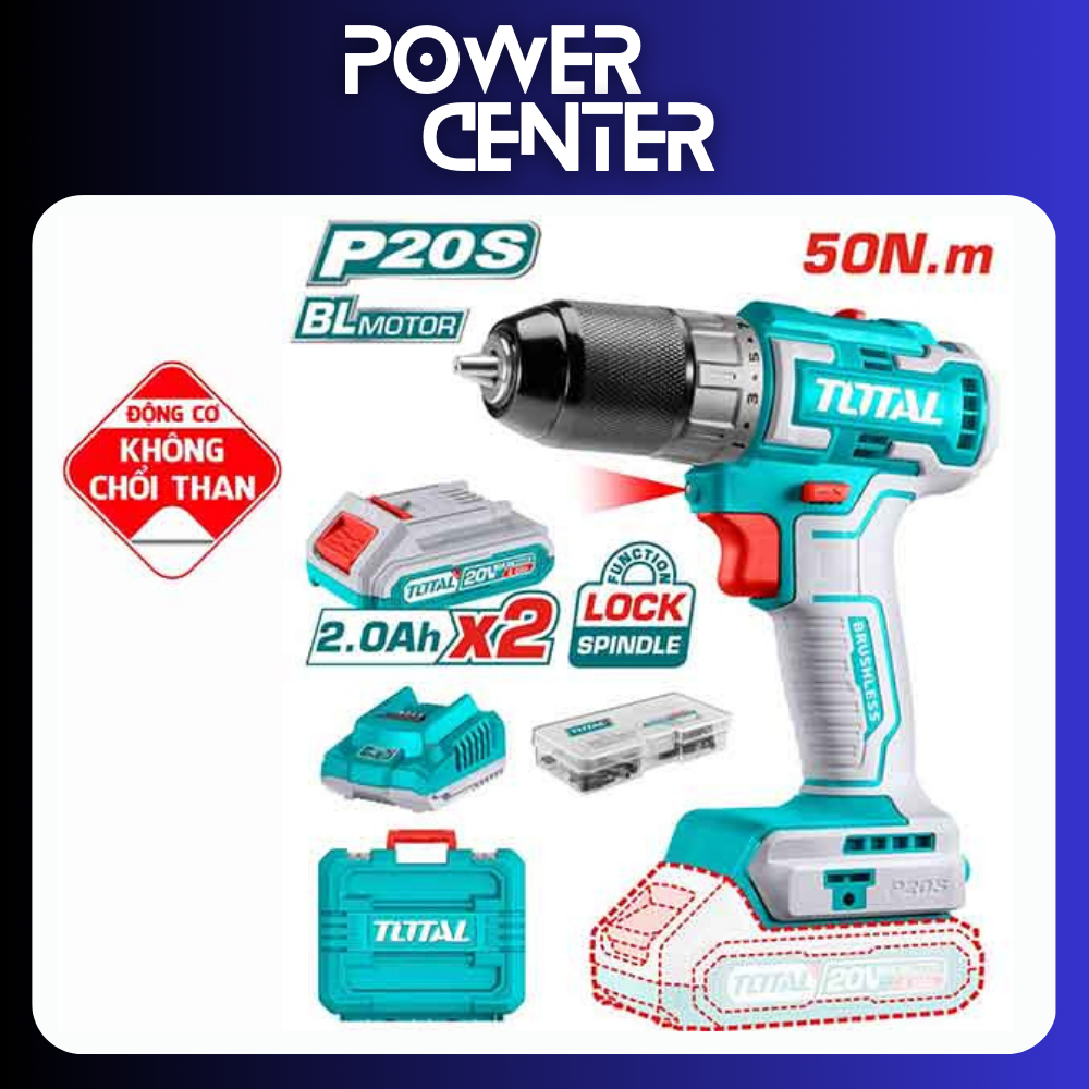MÁY KHOAN BÚA PIN TOTAL 20V/50 NM KHÔNG CHỔI THAN - HỘP SỐ 2 CẤP, KHÓA ...