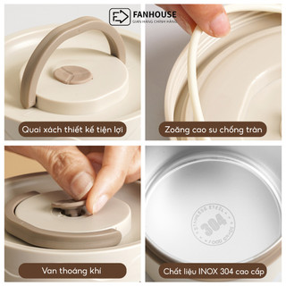 Hộp cơm giữ nhiệt 3 tầng Lunch Box 1500ml hộp đựng cơm inox 304 Fan House tặng bộ đũa thìa