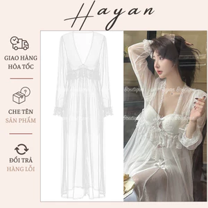HT238 Áo choàng ngủ sexy tay dài, áo choàng dáng dài ren xuyên thấu mềm mại gợi cảm HT238