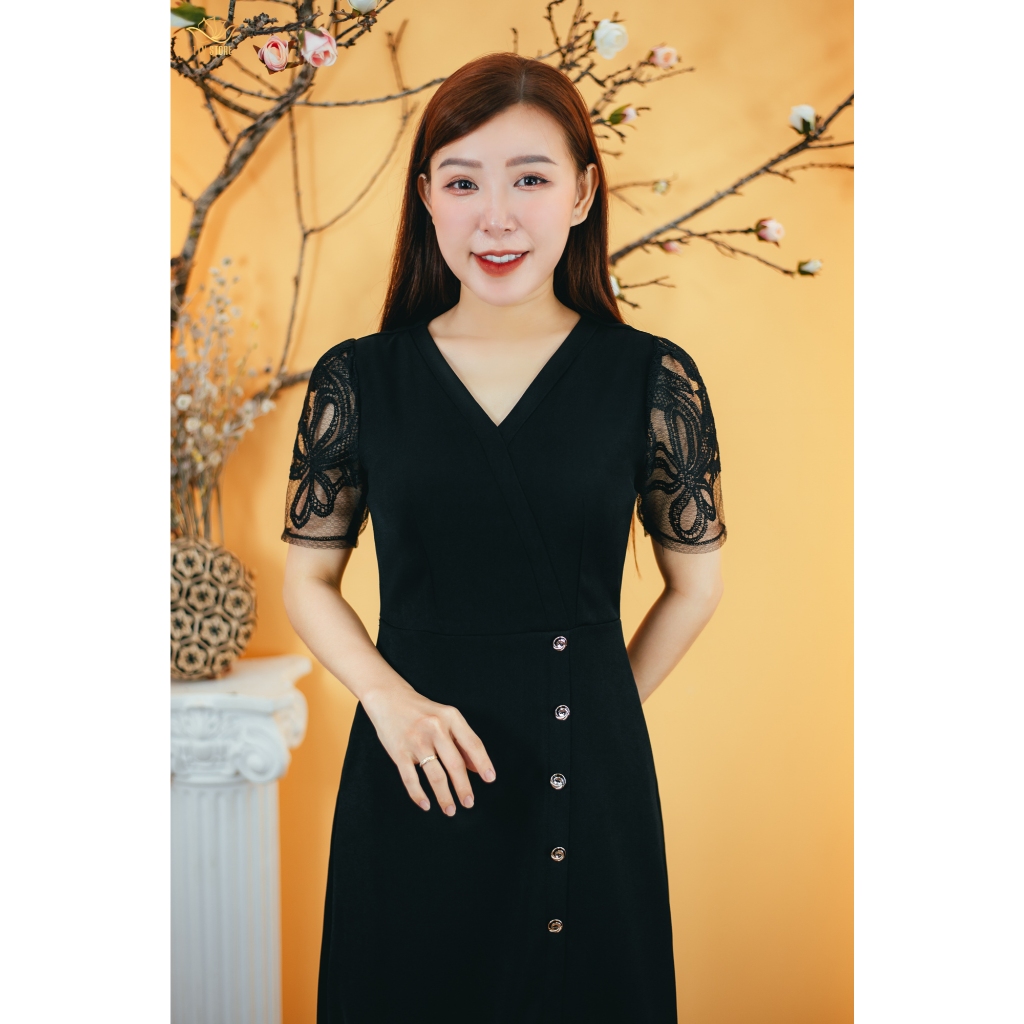 Ảnh Đầm form A trung niên Cổ tim đắp chéo kết nút tay ngắn màu Đen TTV Store thời trang nữ TTV1591 3