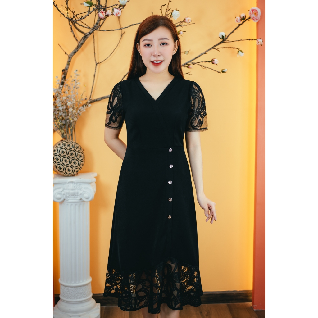 Ảnh Đầm form A trung niên Cổ tim đắp chéo kết nút tay ngắn màu Đen TTV Store thời trang nữ TTV1591 1