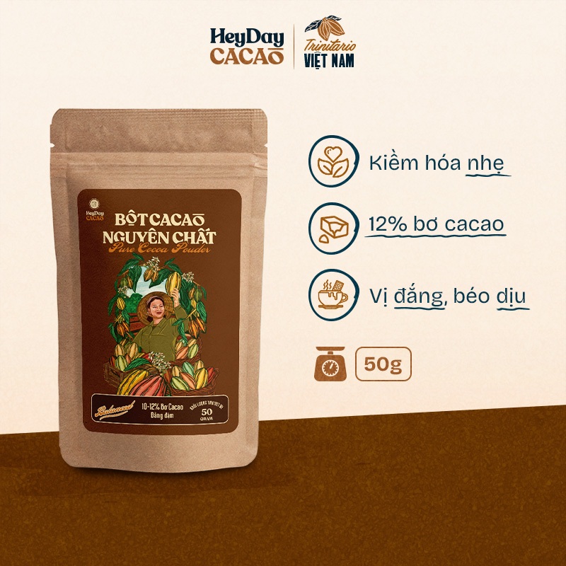 Ảnh Túi 50g Bột cacao nguyên chất Việt Nam 100% Heyday - Dòng Balanced phổ thông - Mẫu 2024 1