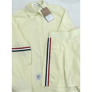 Set Đồ Nữ Áo Sơ Mi Tay Dài Và Quần Short Phối Viền Màu Vàng Pastel Phong Cách Năng Động