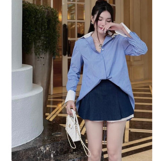 Set Đồ Nữ Áo Sơ Mi Kẻ Sọc Xanh Cổ Trắng Tay Dài Phồng Xẻ Sau Cột Nơ Mix Váy Jean Ngắn Siêu Xinh Năng Động