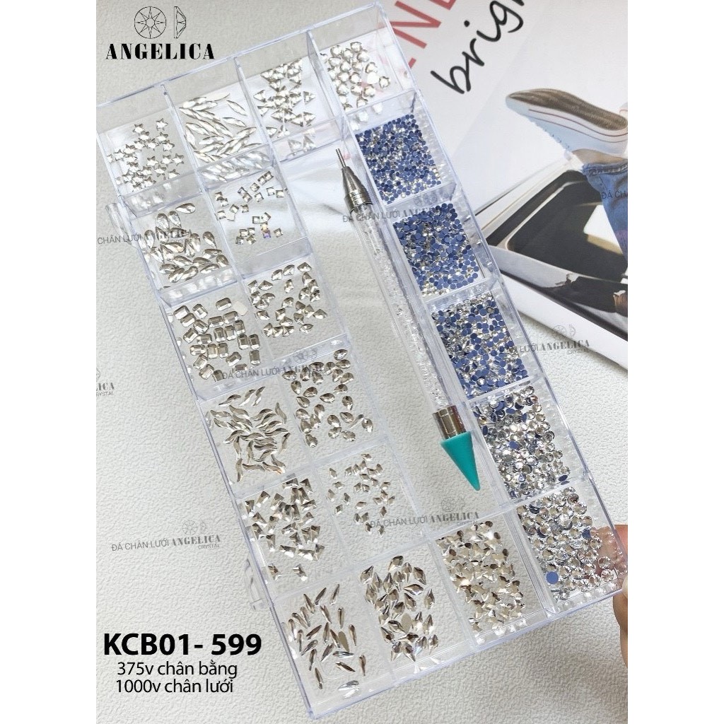 Combo khay đá nail trắng chân bằng và chân lưới kèm phụ kiện móng ANGELICA KCB-599