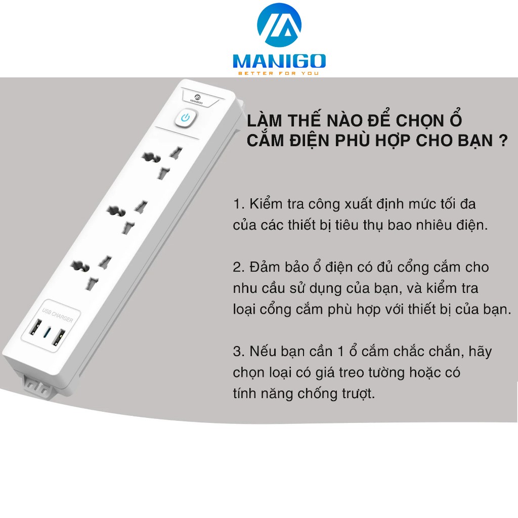 Ảnh Ổ Cắm Điện Đa Năng Tích Hợp Cổng USB Manigo 4 Lỗ Cắm Đầu 3 Công Suất 2500W BH 18 Tháng 3