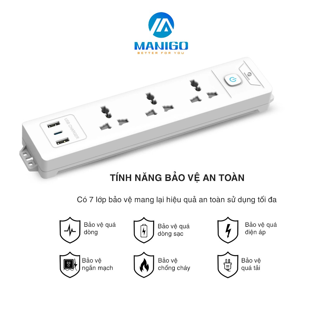 Ảnh Ổ Cắm Điện Đa Năng Tích Hợp Cổng USB Manigo 4 Lỗ Cắm Đầu 3 Công Suất 2500W BH 18 Tháng 2
