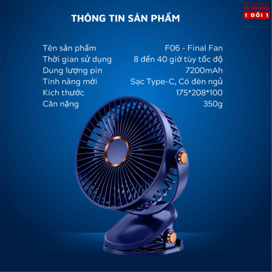 Quạt tích điện PTLUXURY kẹp bàn mini để bàn có đèn led pin 5000 MHA Và 10000 MHA [ HÀNG CHÍNH HÃNG ]