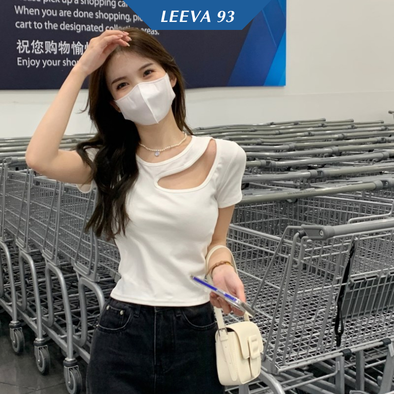 Áo croptop tay ngắn cổ tròn hở vai gợi cảm, áo thun nữ khoét vai dáng ôm body - 1050