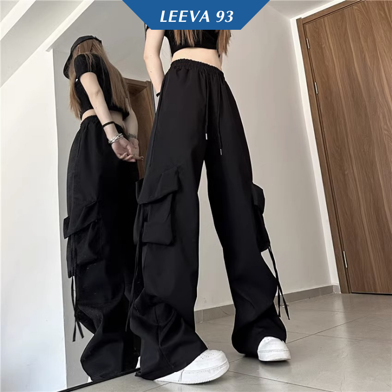 Quần kaki ống suông rộng túi hộp cạp cao nam nữ unisex, Quần dài lưng cao phối dây rút - WYP50