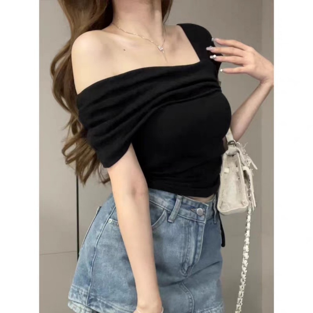 [CÓ SIZE] Áo Trễ Vai Croptop RANSHI Phối Dây Rút Eo Ôm Body Cho Nữ Chất Tăm Thái Bền Mát Áo Lệch Vai Xinh