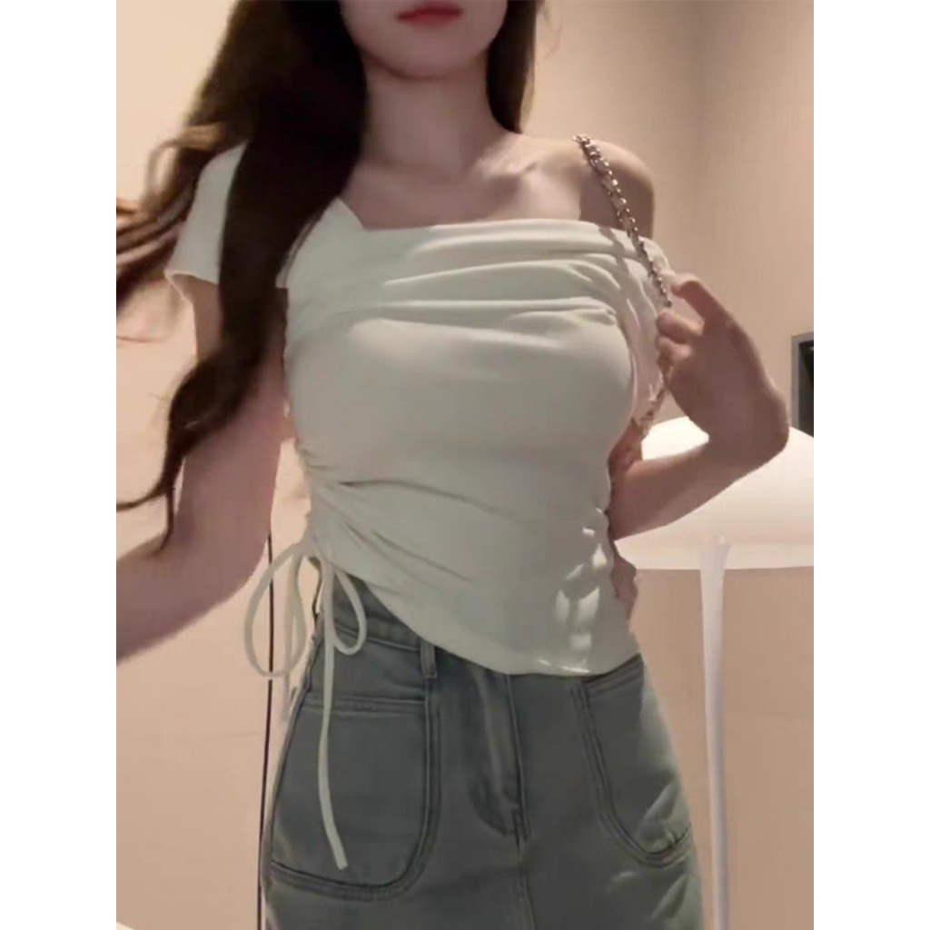 [CÓ SIZE] Áo Trễ Vai Croptop RANSHI Phối Dây Rút Eo Ôm Body Cho Nữ Chất Tăm Thái Bền Mát Áo Lệch Vai Xinh