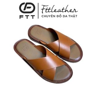 Dép da nam quai chéo Fttleather da bò cao cấp lót da kết hợp cao su cao cấp, êm chân, chống trượt