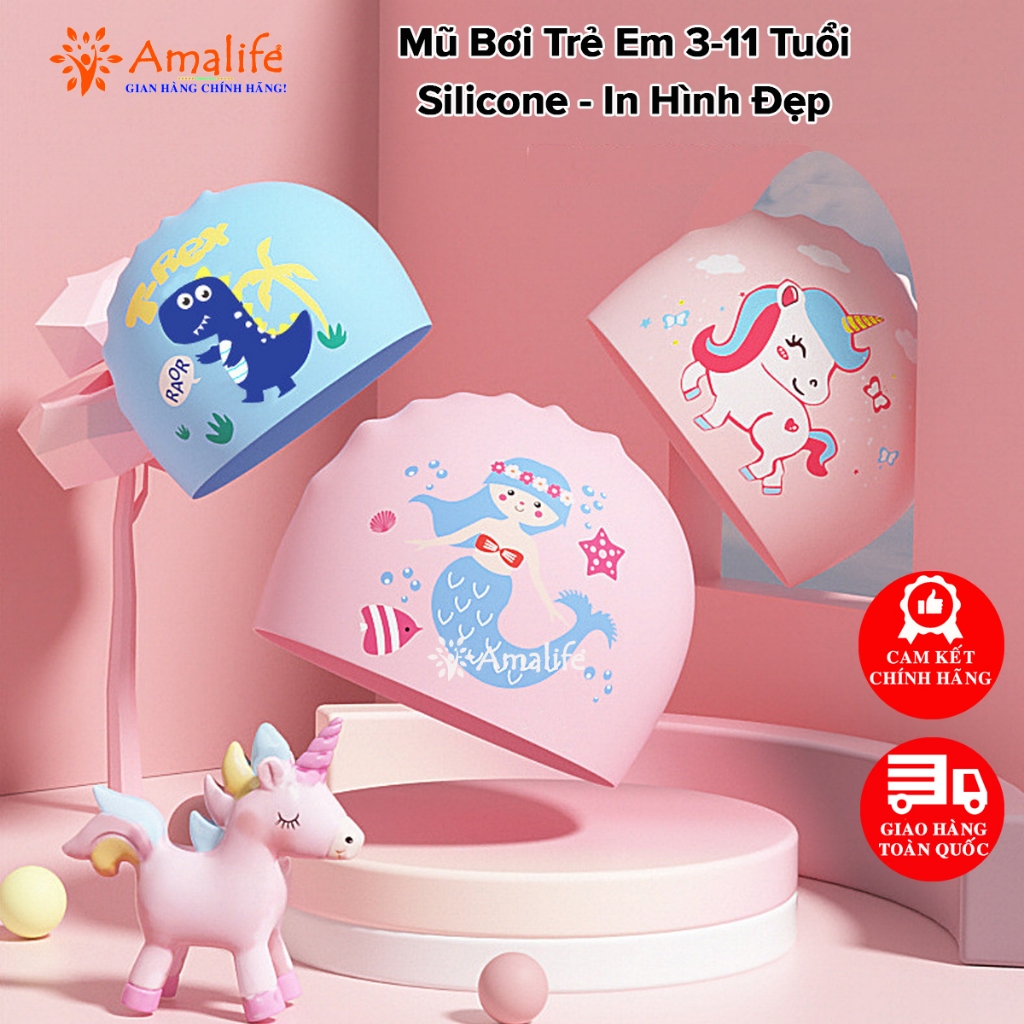 Ảnh Mũ Bơi Cho Bé, Nón Bơi Silicon Trẻ Em Chống Nước Chính Hãng Amalife Siêu Bền, Co Giãn Cho Bé Trai Và Bé Gái 1