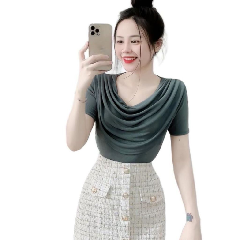 Áo Thun Nữ Bigsize Tay Ngắn Cổ Đổ ESHOP Áo Kiểu Thiết Kế Nhũ Sang Chảnh Mặc Hè Đi Chơi, Đi Làm MS164