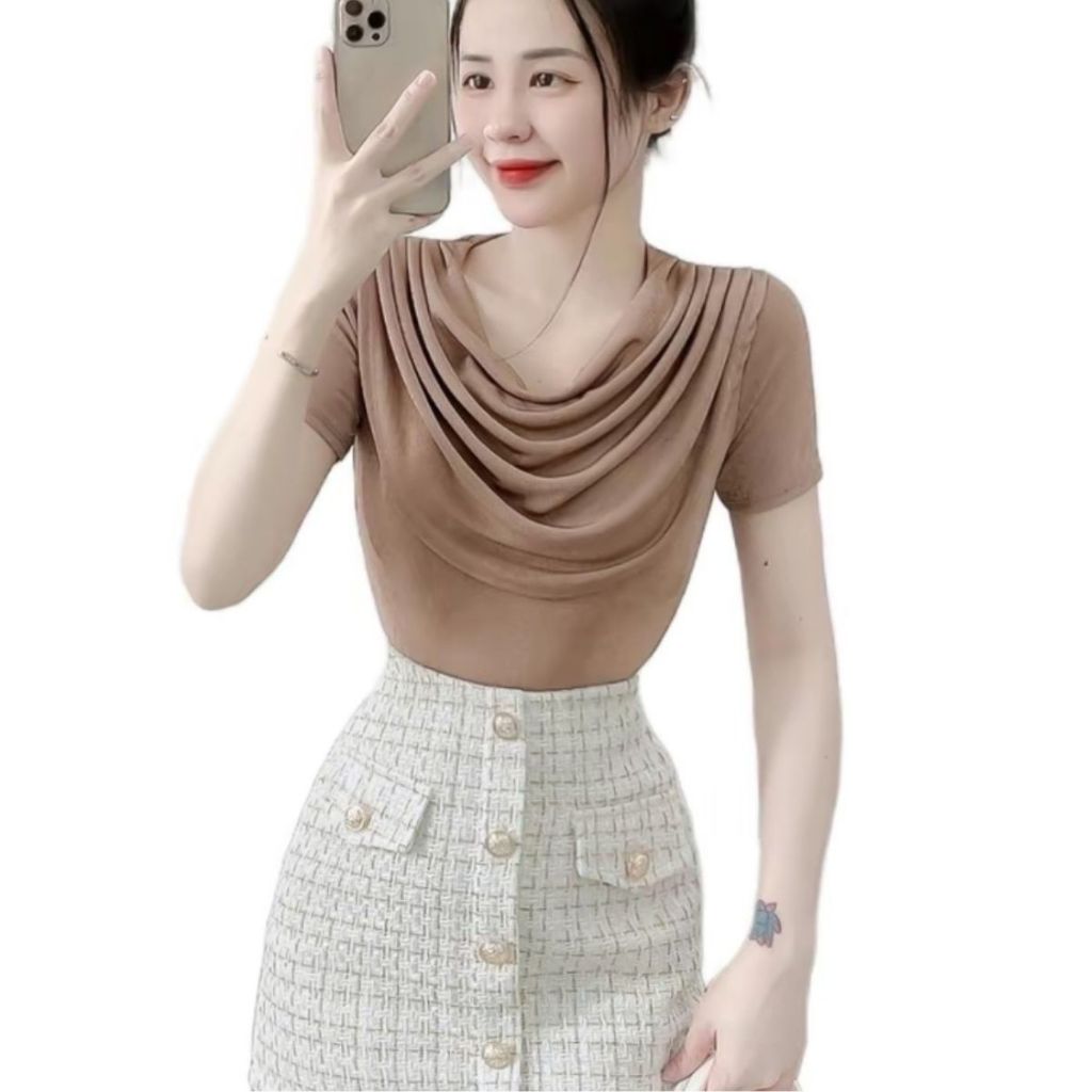 Áo Thun Nữ Bigsize Tay Ngắn Cổ Đổ ESHOP Áo Kiểu Thiết Kế Nhũ Sang Chảnh Mặc Hè Đi Chơi, Đi Làm MS164