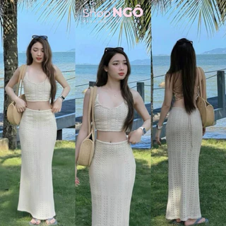 Set váy thời trang đi biển ren len móc áo hai dây croptop cột dây lưng phối chân váy MIDI dài thiết kế cao cấp shop ngô