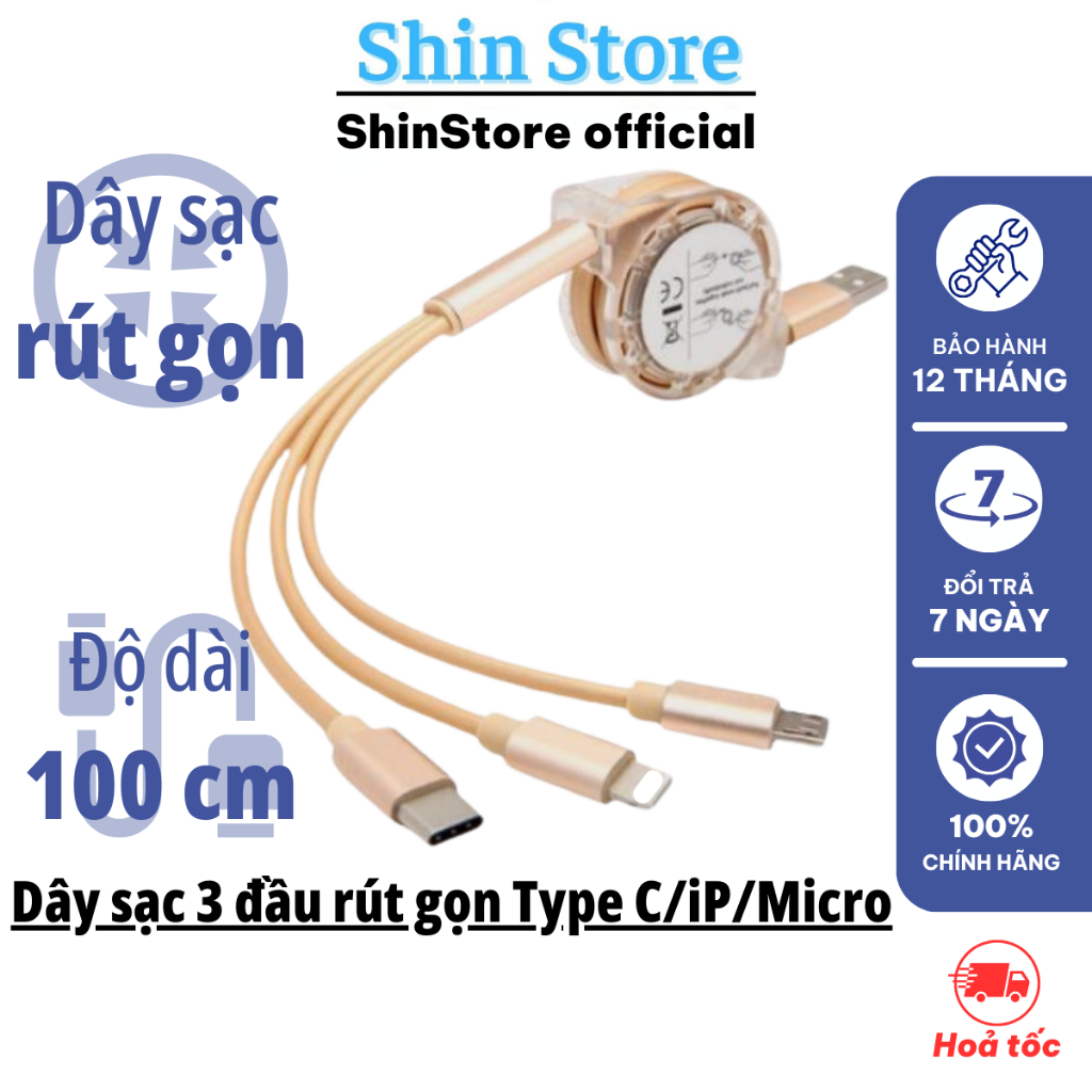 Cáp sạc 3 đầu dây rút, dây sạc 3 đầu rút gọn nhỏ gọn, tiện lợi độ dài ...
