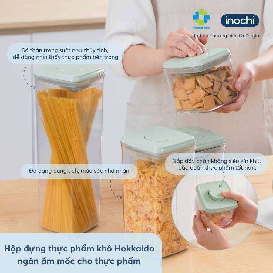 Hộp đựng thực phẩm khô Hokkaido Inochi nắp bật thông minh, tránh ẩm mốc, kèm muỗng xúc tiện dụng