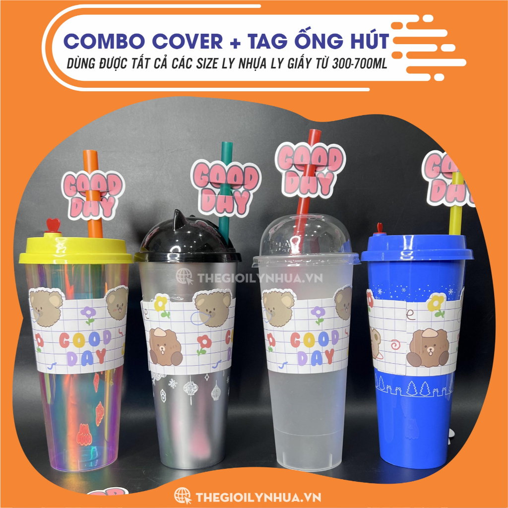 COMBO 250 Cover bọc ly + Tag ống hút, cover in sẵn trang trí ly nhựa ...