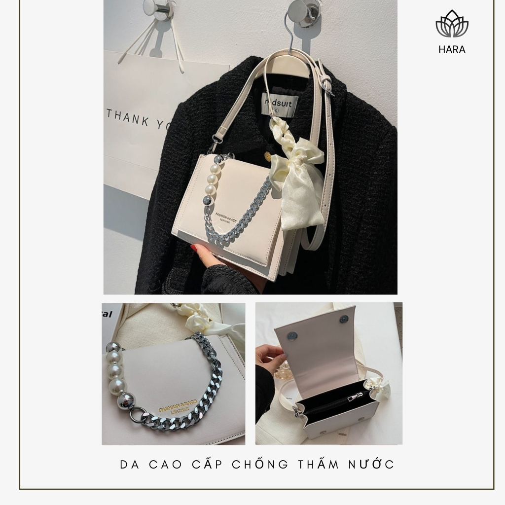 Túi Đeo Chéo, Túi Xách Nữ 2 Ngăn Dây Xích Ngọc Phối Nơ Đi Chơi Sang Trọng, Chất Da PU Cao Cấp HARA BAGS