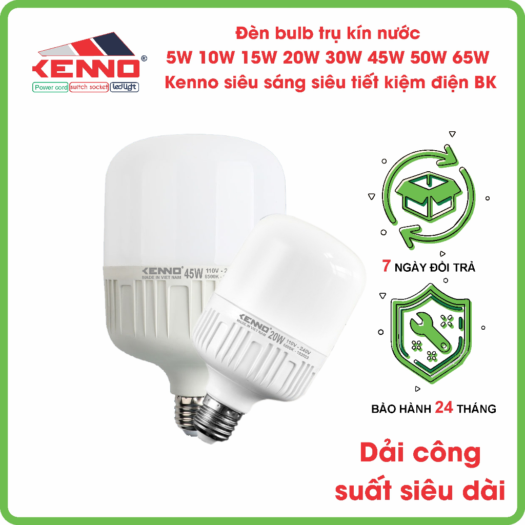 Đèn Led bulb trụ kín nước siêu sáng, siêu tiết kiệm Kenno công suất 5W, 10W, 15W