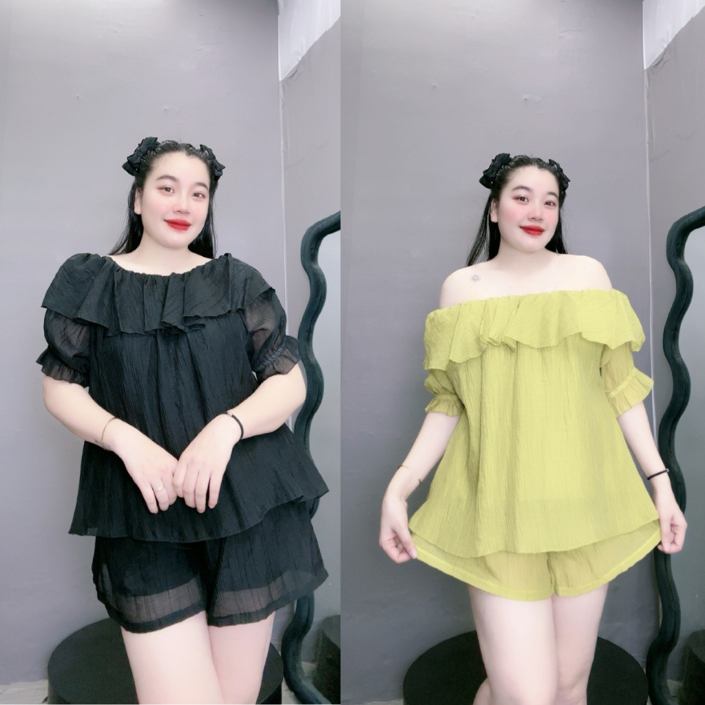 Set Áo Trễ Vai Bigsize Nữ Kèm Quần Đùi Có Túi Vải Đũi Tơ Cao Cấp Có Lót Vải Thun Mềm Mát SET820