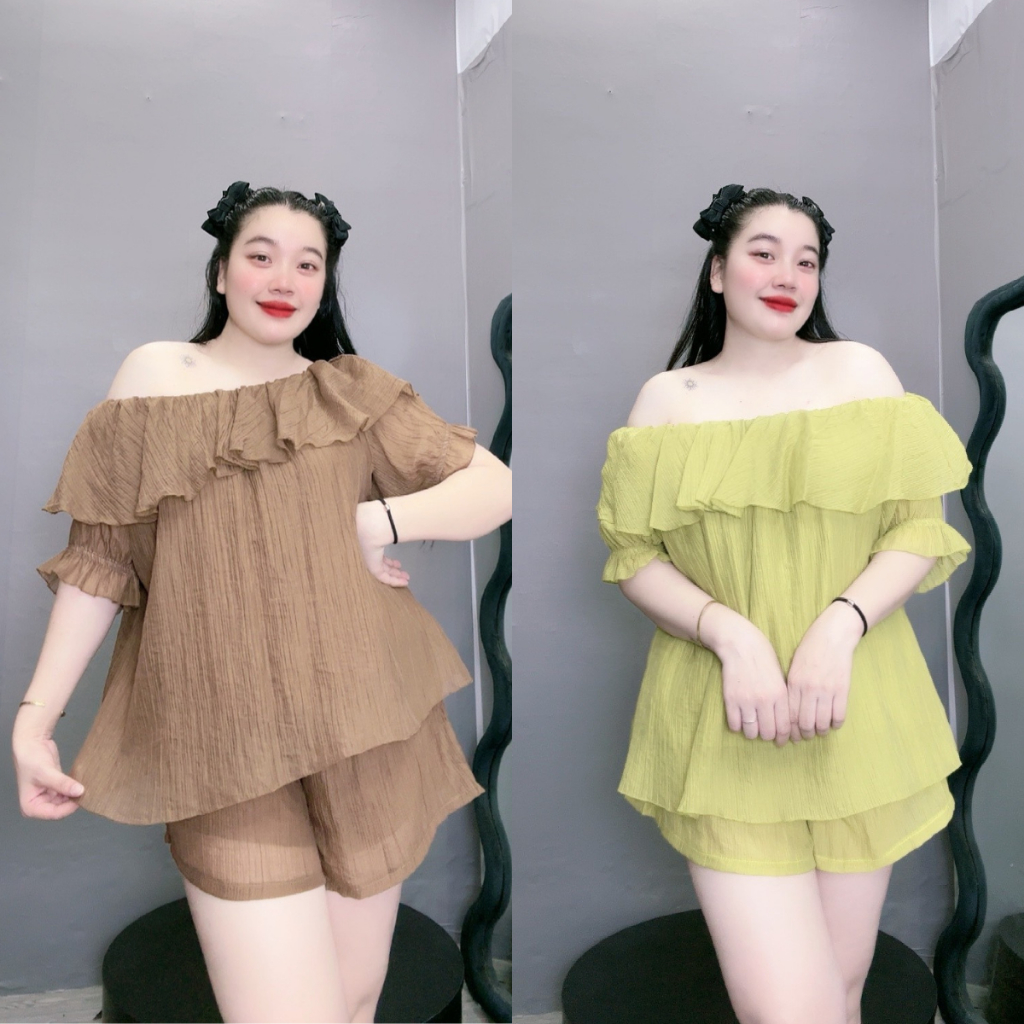 Set Áo Trễ Vai Bigsize Nữ Kèm Quần Đùi Có Túi Vải Đũi Tơ Cao Cấp Có Lót Vải Thun Mềm Mát SET820