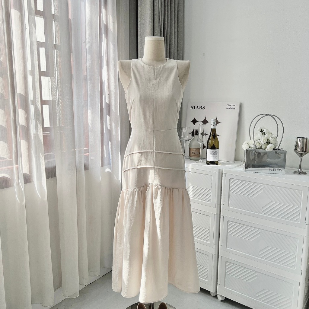 [V.04]: Váy Maxi Sát Nách Dáng Đuôi Cá Màu Be Đẹp, May 2 Lớp Cẩn Thận Tôn Dáng Đi Biển, Đi Du Lịch, Đi Chơi Đều Xinh