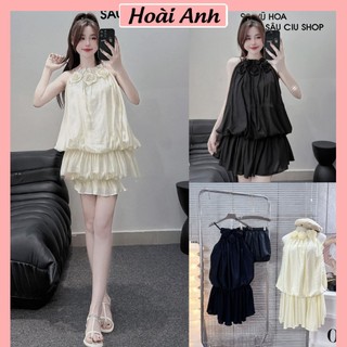 Set Bộ Đồ Nữ Áo Váy Tơ Nhăn Cổ Yến Hoa Nổi 2 Lớp Mix Quẩn Sooc Đùi Mặc Trong Freesize
