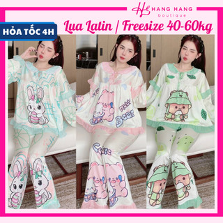 Đồ ngủ nữ 40-60kg, pijama dài tay cổ tròn viền bèo voan lụa latin mịn mát 60DD16, đồ bộ nữ đồ mặc nhà tiểu thư dễ thương