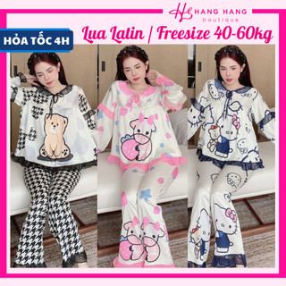 Đồ ngủ nữ 40-60kg, pijama dài tay cổ tròn viền bèo voan lụa latin mịn mát 60DD16, đồ bộ nữ đồ mặc nhà tiểu thư dễ thương