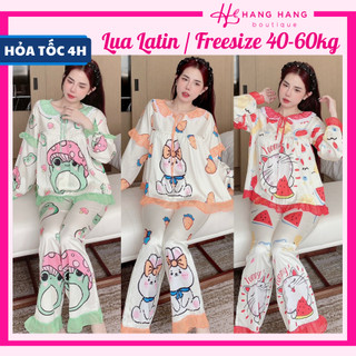 Đồ ngủ nữ 40-60kg, pijama dài tay cổ tròn viền bèo voan lụa latin mịn mát 60DD16, đồ bộ nữ đồ mặc nhà tiểu thư dễ thương