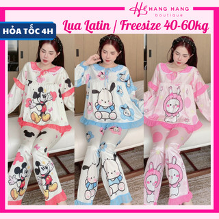 Đồ ngủ nữ 40-60kg, pijama dài tay cổ tròn viền bèo voan lụa latin mịn mát 60DD16, đồ bộ nữ đồ mặc nhà tiểu thư dễ thương