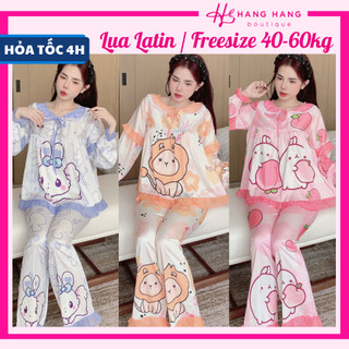 Đồ ngủ nữ 40-60kg, pijama dài tay cổ tròn viền bèo voan lụa latin mịn mát 60DD16, đồ bộ nữ đồ mặc nhà tiểu thư dễ thương