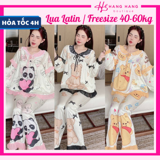 Đồ ngủ nữ 40-60kg, pijama dài tay cổ tròn viền bèo voan lụa latin mịn mát 60DD16, đồ bộ nữ đồ mặc nhà tiểu thư dễ thương