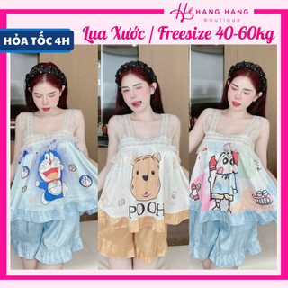 Đồ ngủ nữ 40-60kg, đồ ngủ 2 dây ren bèo quần đùi lụa xước mềm mát 60CS26, đồ bộ nữ đồ mặc nhà hoạt hình dễ thương