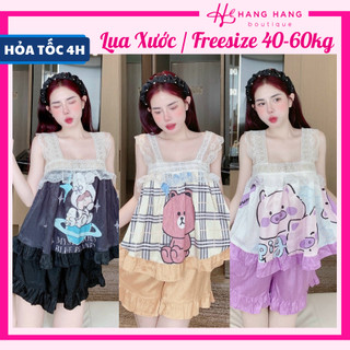 Đồ ngủ nữ 40-60kg, đồ ngủ 2 dây ren bèo quần đùi lụa xước mềm mát 60CS26, đồ bộ nữ đồ mặc nhà hoạt hình dễ thương