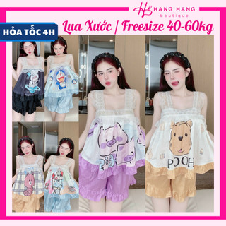 Đồ ngủ nữ 40-60kg, đồ ngủ 2 dây ren bèo quần đùi lụa xước mềm mát 60CS26, đồ bộ nữ đồ mặc nhà hoạt hình dễ thương