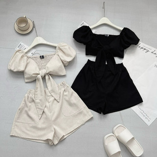 [S2.754] Set Linen Tiêu 2 Lớp Áo Thắt Nơ Ngực Có Đệm Mix Quần Đùi 2 Lớp Cạp Chun 2 Màu